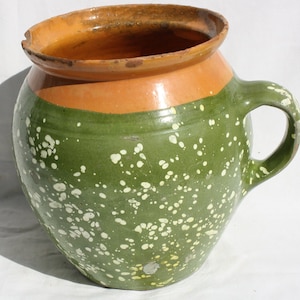 Traditional Antique Flown Glazed Green Pitcher, Hungarian Folk Pottery Jar, Dented Glazed Jug