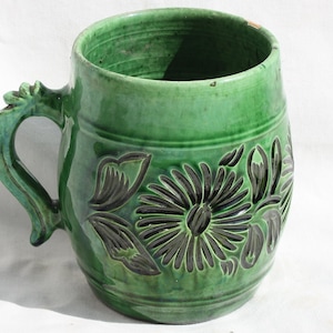 Hungarian Traditional Carved Green Glazed Mug, Countrystyle Vintage Folk Mug