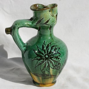 Hungarian Traditional Carved Green Glazed Jug, Countrystyle Vintage Folk Jug