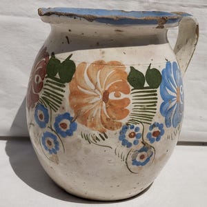 Antique Hungarian White Glazed Folk Pitcher, Traditional Countrystyle Pitcher Jug