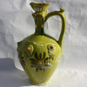 Antique Hungarian Green glazed dotted Folk Pitcher, Traditional Countrystyle Pitcher
