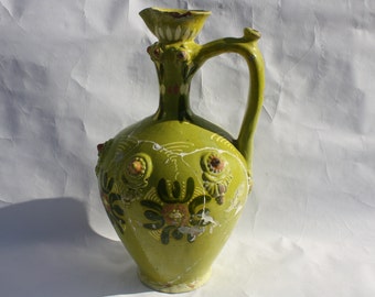 Antique Hungarian Green glazed dotted Folk Pitcher, Traditional Countrystyle Pitcher