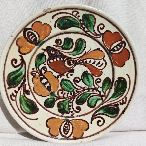 Antique Transylvania Traditional Earthenware Peasant Flower and Bird Designed Korond Plate