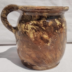Antique Folk Traditional Flown Glazed Pitcher, Line Decorated Hungary Jug