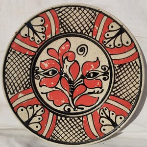 Antique Transylvania Traditional Earthenware Peasant Flower Designed Korond Red Plate