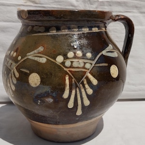 Traditional Hungarian Brown - Green Glazed Vintage Folk Line Decorated Pitcher, Traditional Countrystyle Pitcher