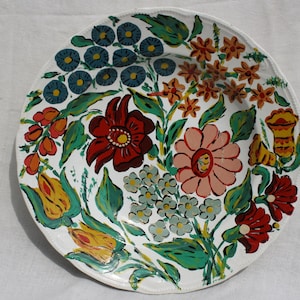 Traditional Hungarian Folk Handpainted Decorative Wall Plate, Colorful Granit Flower Decorated Wall Plate Pottery