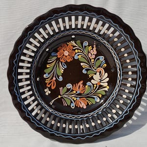 Reticulated Black Flower Design Plate, Handpainted wall plate, Black Wall Hanging, Kitchen Decoration, Rare Wall Hanging Plate
