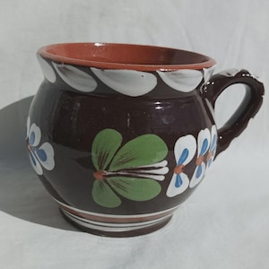 Vintage Traditional Hungarian Brown Glazed Jug, Ceramic Flower Motif Jug, Ceramic Folk Pitcher