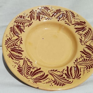 Yellow Vintage Ceramic Carved Plate, Hungarian Traditional Pottery Clay Plate, Flower Design, Antique Peasant Plate