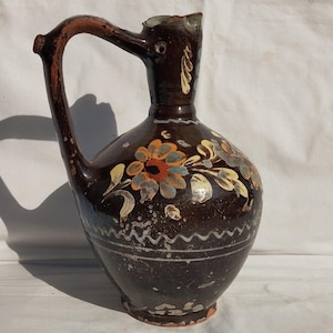 Antique Traditional Hungarian Black Glazed Vintage Folk Pitcher, Traditional Countrystyle Flower Decorated Pitcher