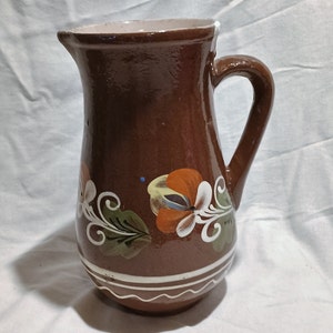 Traditional Hungarian Brown Glazed Vintage Folk Pitcher, Traditional Countrystyle Pitcher