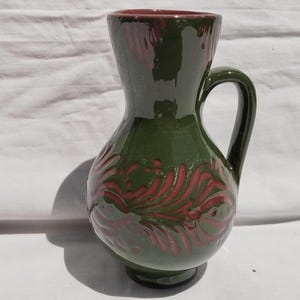 Hungarian Traditional Carved Green Glazed Jug, Countrystyle Vintage Folk Jug