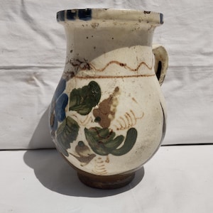 Antique Folk White Milk Jug, Stoneware Flower Decorated Hungarian Pitcher