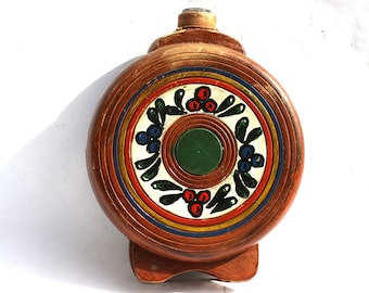 Folk Hungarian Traditional Wood Flask, Wood and Glass Water Bottle