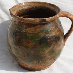 Traditional Antique Flown Glazed Pitcher, Hungarian Folk Pottery