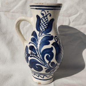 Antique Korond Pottery Vase: Hungarian Folk Art, Blue Floral Design