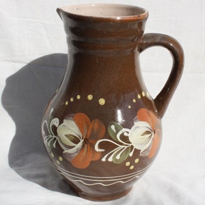 Traditional Hungarian Brown Glazed Vintage Folk Pitcher, Traditional Countrystyle Pitcher