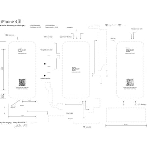 May include: Diagram of an iPhone 4S with component labels and dimensions in inches. The text includes "iPhone 4S", "The most amazing iPhone yet", and "Stay hungry. Stay foolish."