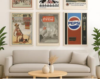 100+ USA Vintage Posters Wall Art | Retro Coca Cola Pepsi Ads | Old Movie Travel Train Posters | American Classic Prints | Digital Downloads