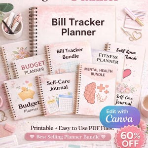 Può includere: Una collezione di planner e diari rilegati a spirale, con titoli come "Budget Planner", "Bill Tracker Planner" e "Self-Care Journal". L'immagine include il testo "+1,000 Pages of Planner", "Printable + Easy to Use PDF Files" e "Best Selling Planner Bundle".