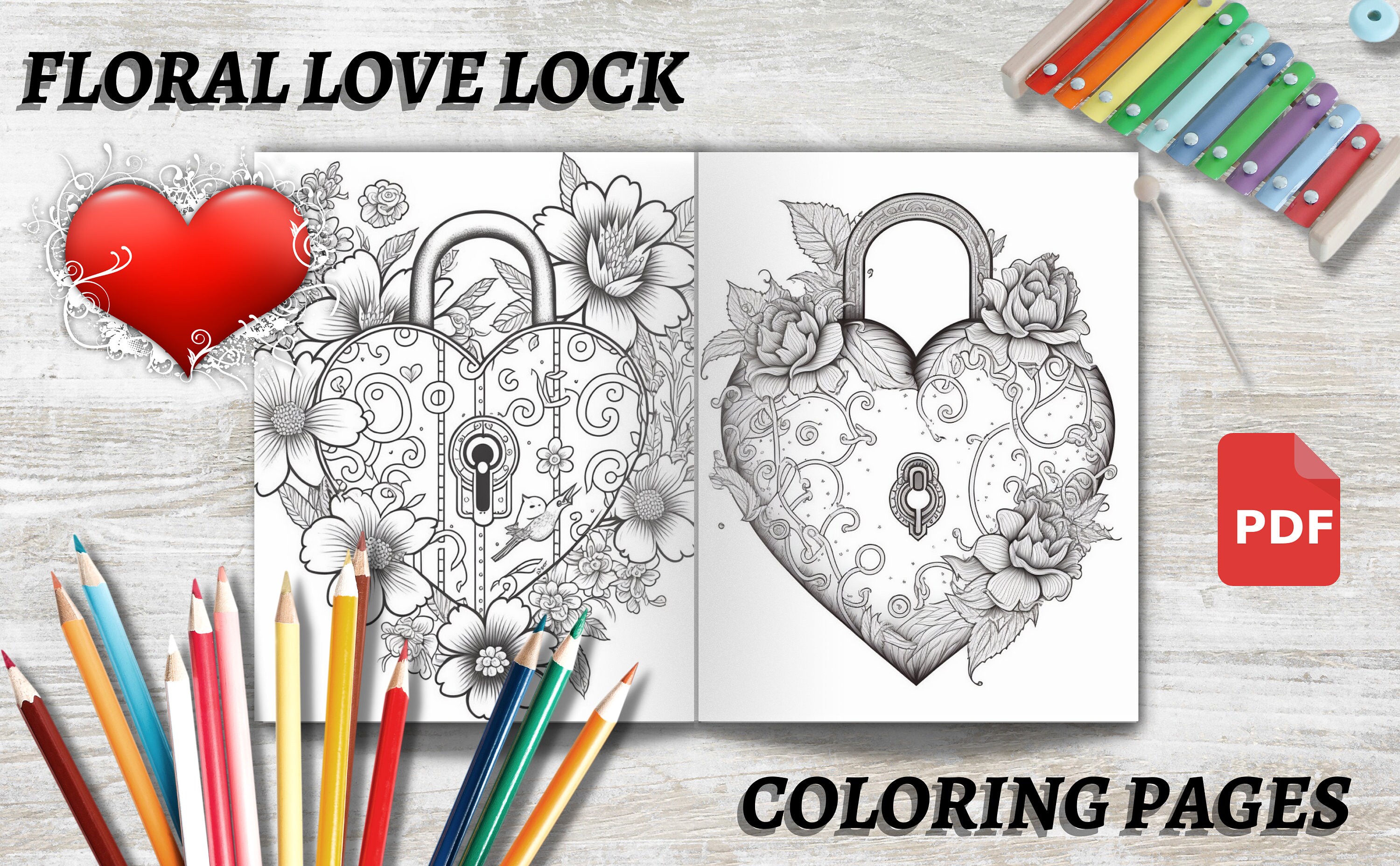 Floral Hearts Love Heart Lock Coloring Pages Handdrawn Printable