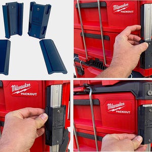 May include: Close-up of a red Milwaukee Packout toolbox with black plastic catches. The catches are designed to secure the toolbox to other Packout components.