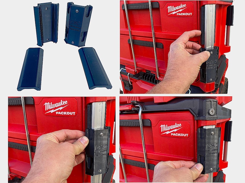 May include: Close-up of a red Milwaukee Packout toolbox with black plastic catches. The catches are designed to secure the toolbox to other Packout components.