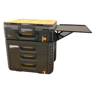 May include: A black and orange Toughbuilt Stack-It toolbox with a wooden top and a fold-down work surface. The toolbox has four drawers and a top compartment.