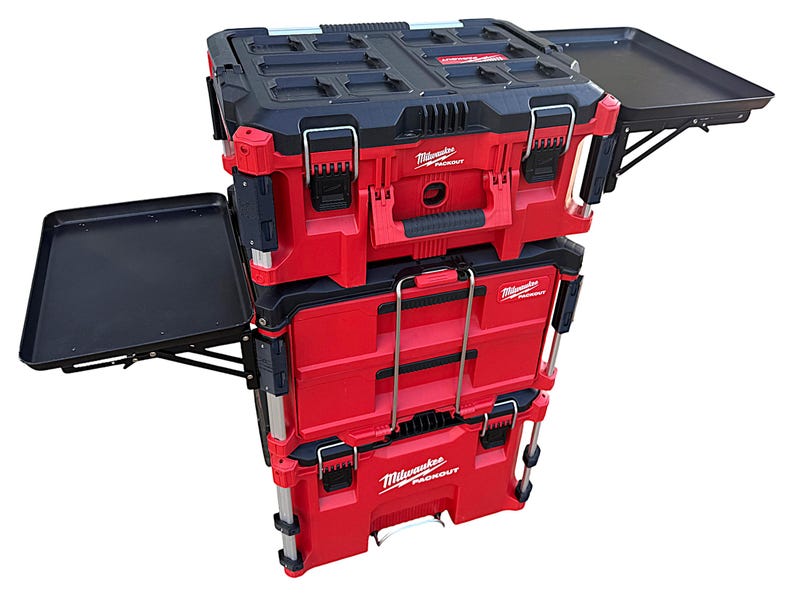 May include: A red and black stackable toolbox set with a fold-out work surface. The toolboxes are labelled "Milwaukee Packout".