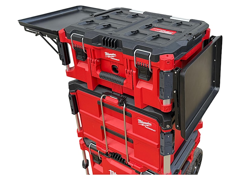 May include: A red and black stackable toolbox with a fold-down work surface. The toolbox is labelled "Milwaukee Packout".