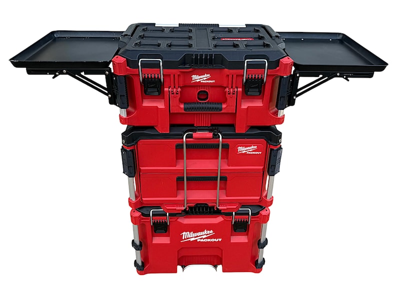 May include: A stack of three red and black toolboxes with a fold-out tray. The top toolbox has the text "Milwaukee Packout" on the front.