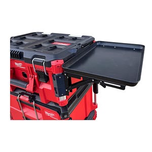 May include: A red and black tool box with a black folding work surface. The work surface is attached to the side of the tool box and can be folded down when not in use.