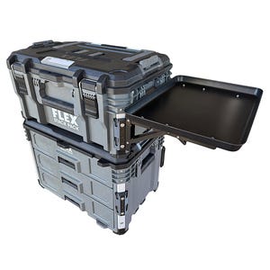 May include: A black and gray tool box with a fold-out tray. The tool box has the text "FLEX STACK PACK" printed on the side.