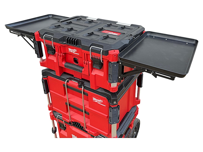 May include: A red and black toolbox with a fold-out work surface. The toolbox is on wheels and has a Milwaukee logo.