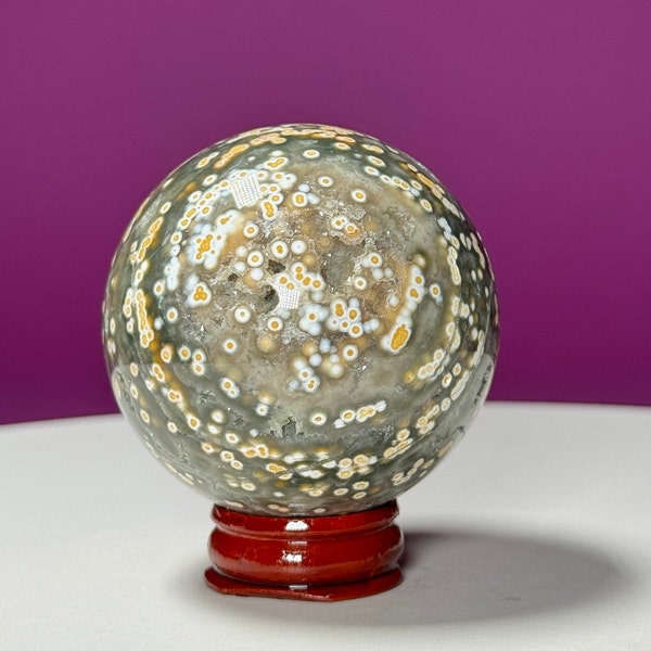 Orbicular Ocean Jasper Sphere (Includes Wood Stand)