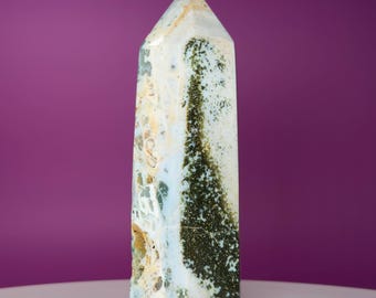 Ocean Jasper Tower, Large Polished Crystal Point, Natural Green White Stone Home Decor
