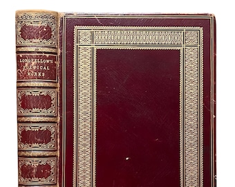 Dark red leather fine binding of Poetical Works of Henry Wadsworth Longfellow. Signed binding by Edmonston & Douglas. Antique poetry book