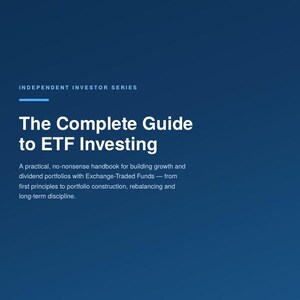 May include: A dark blue book cover titled The Complete Guide to ETF Investing from the Independent Investor Series. The text describes a practical handbook for building growth and dividend portfolios with Exchange-Traded Funds.