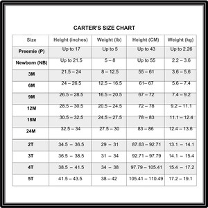 Może przedstawiać: Tabela rozmiar&oacute;w Carter's dla ubranek dla niemowląt i małych dzieci. Tabela zawiera rozmiary od preemie do 5T, z odpowiadającymi wysokościami w calach i centymetrach oraz wagą w funtach i kilogramach.