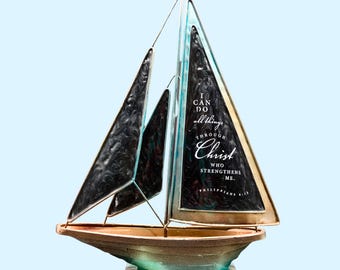 Vintage Metal Sailboat Decor, Philippians 4:13 Christian Gift