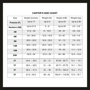 Pode incluir: Um gr&aacute;fico branco intitulado "CARTER'S SIZE CHART" com tamanho, altura em polegadas, peso em libras, altura em cent&iacute;metros e peso em quilogramas. Os tamanhos variam de Prematuro a 5T, com as medidas correspondentes.