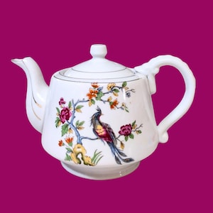Vintage Hand Painted Porcelain Teapot - Peacock & Floral Design