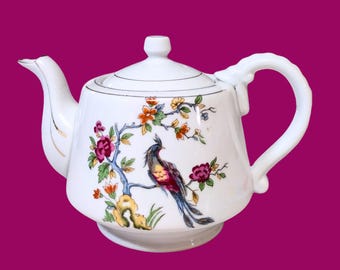 Vintage Hand Painted Porcelain Teapot - Peacock & Floral Design