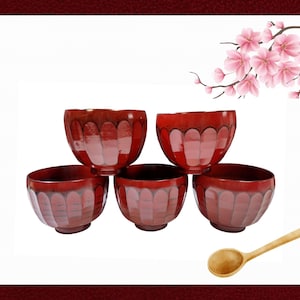 Vintage Japanese Red Lacquered Wood Soup Bowls - Set of 5