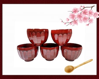 Vintage Japanese Red Lacquered Wood Soup Bowls - Set of 5