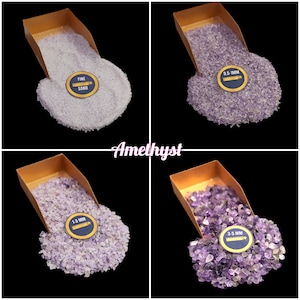May include: Four scoops of amethyst gemstone chips in various sizes, ranging from fine sand to 3.5 mm. The chips are displayed in gold-colored scoops against a black background.