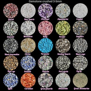 Peut inclure: Une collection de pierres précieuses concassées, chacune présentée dans un cadre circulaire sur fond noir. L'image comprend Grenat, Quartz Rose, Améthyste, Aigue-marine, Cristal, Émeraude, Pierre de Lune, Rubis, Péridot et Saphir.