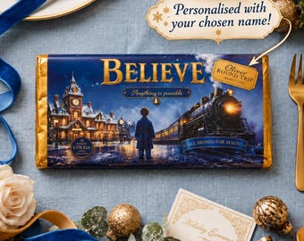 Personalised Christmas Galaxy Chocolate Bar Wrapper, Magical Train Gift for Kids, Believe Christmas Eve Box Treat, North Pole Express Ticket