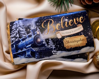 Personalised Believe Christmas Chocolate Bar Wrapper | Elf Stocking Filler | train ticket gift